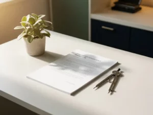 Uitvoerend bureau met governanceframeworkdocument, kompas en kleine kamerplant in zacht middaglicht.