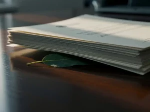 Stapel officiële certificeringsdocumenten op gepolijst bureau met groen blad eronder, warm natuurlijk licht werpt lange schaduwen op wit papier.