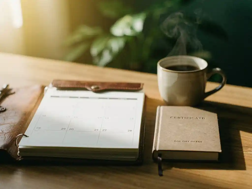 Versleten leren bureaukalender opengeslagen naast een B Corp-certificeringsboekje en dampende koffiekop, groene plant op de achtergrond in warm ochtendlicht.