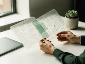 Handen van een duurzaamheidsanalist die twee transparante acetaatfolie met stakeholdernotities overlappen op een wit bureau, met een succulent en laptop op de achtergrond.