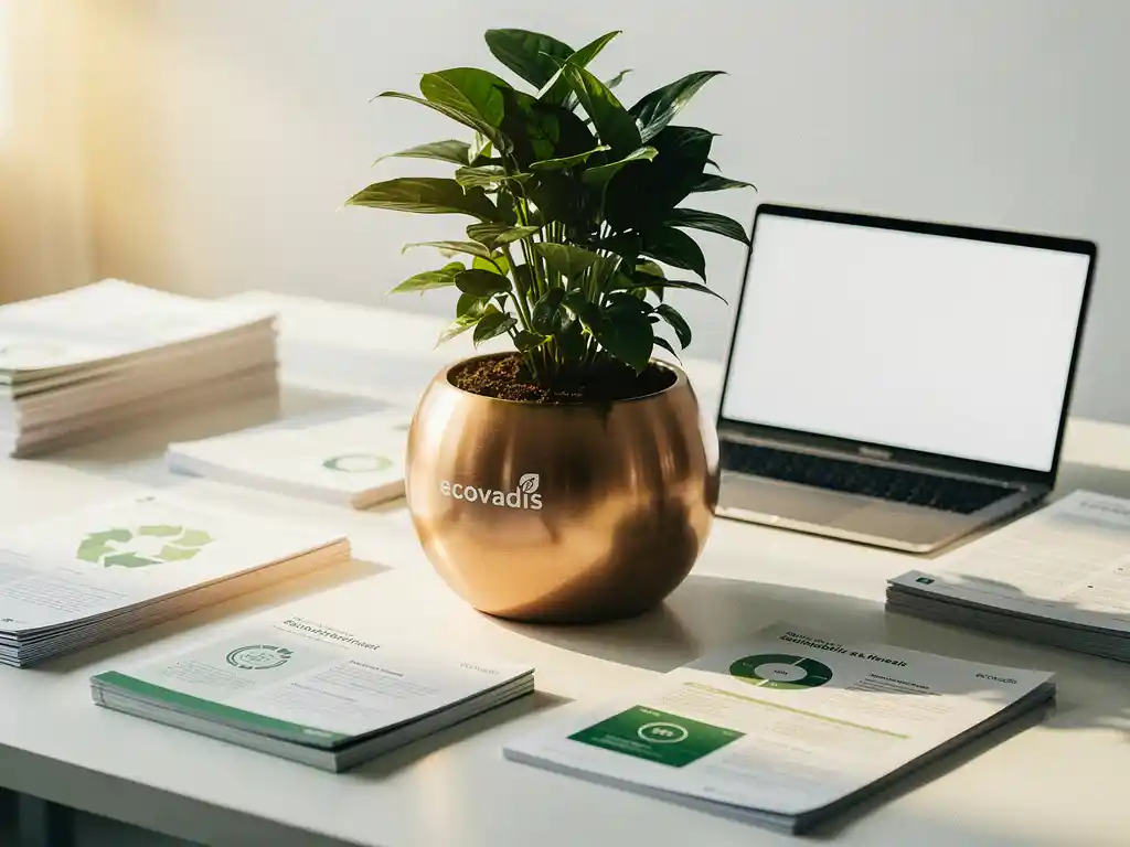 Groene plant die opgroeit uit een bronzen duurzaamheidsmedaille op een wit bureau, omringd door duurzaamheidsdocumenten en laptop.