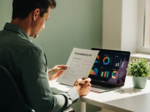 Kantoormedewerker bekijkt duurzaamheidschecklist aan modern bureau met laptop met datadashboards en kleine groene plant.