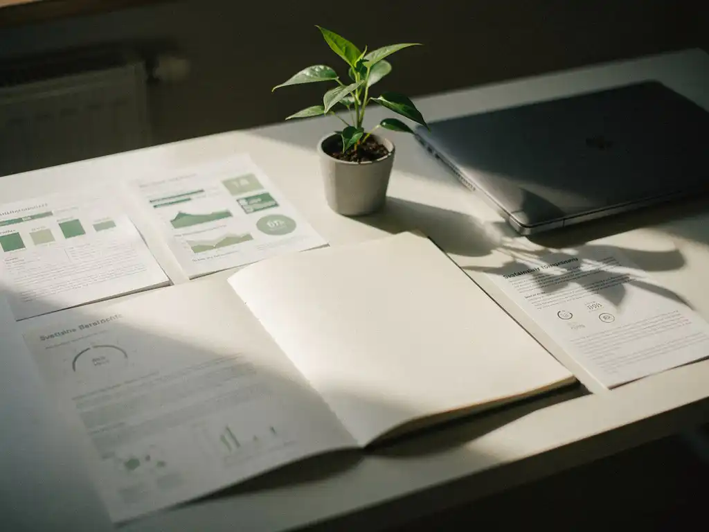 Klein groen plantje op bureau van ondernemer, omringd door duurzaamheidsrapporten en laptop in warm natuurlijk licht.