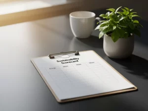 Duurzaamheids-scorecard op modern bureau naast een groene plant, met zachte ochtendlichten en een wazige koffiekop op de achtergrond.