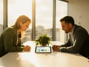 Inkoopmanager en leverancier bespreken duurzaamheidsscorecard aan vergadertafel met groene plant en warm zonlicht.