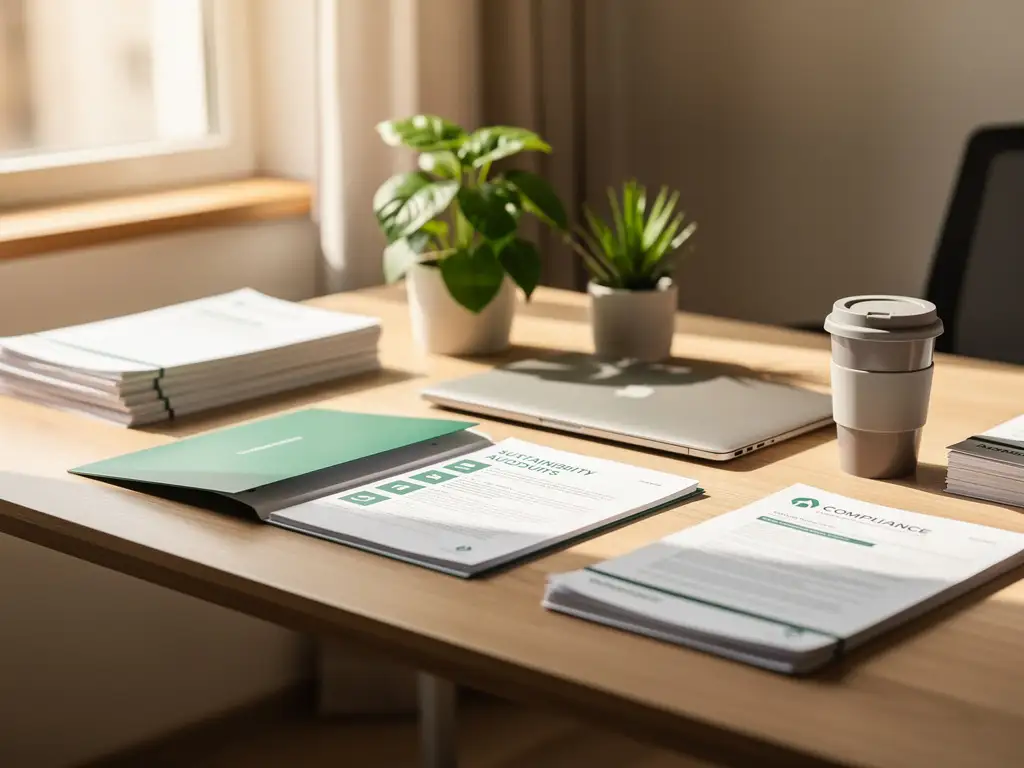 Bureau met open duurzaamheidsaudit map, laptop, compliance documenten, groen plantje en herbruikbare koffiebeker in warm natuurlijk licht.