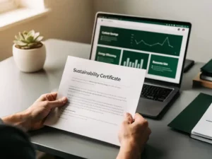 Handen houden een duurzaamheidscertificaat vast aan een modern bureau met laptop en vetplant op de achtergrond.
