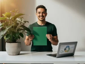 Ondernemer houdt groen duurzaamheidscertificaat vast naast een plant op wit bureau, laptop met sustainability dashboard op achtergrond.