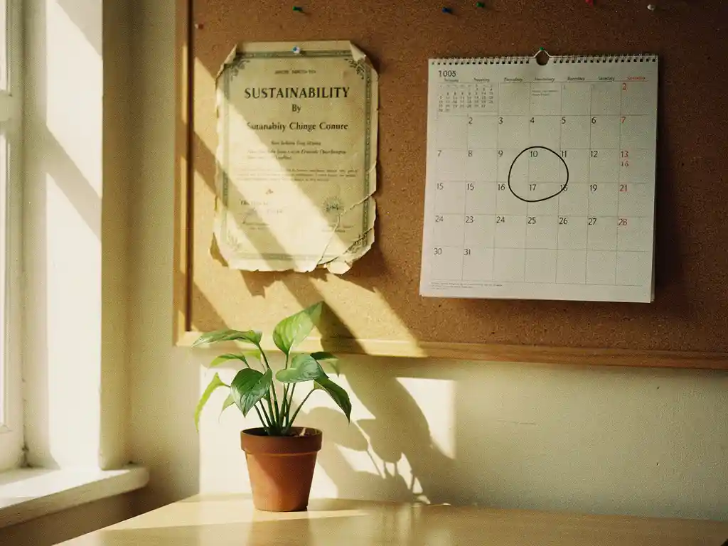 Vervaagd duurzaamheidscertificaat op kurkbord naast kalender met omcirkelde verlengingsdatum en groene plant in terracotta pot.