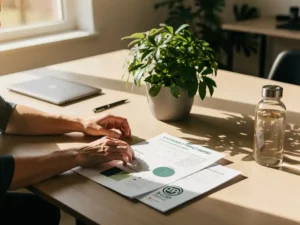 Handen van een ondernemer die een duurzaamheidsrapport en B-Corp-certificaat schikt op een opgeruimd bureau met kamerplant in warm kantoorlicht.