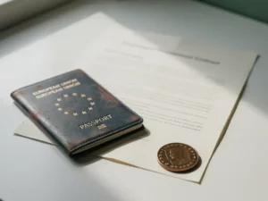 Versleten EU-paspoort opengeslagen naast een overheidsopdracht document, met een bronzen certificeringsmedaille op een wit bureau.