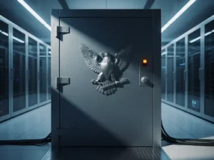 Verzegelde Europese datakluis met Amerikaans adelaarssymbool dat een lange schaduw werpt, in een moderne serverruimte met blauw licht.