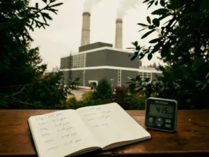 Fabriek met schoorstenen op de achtergrond, notitieboek met uitstootcijfers en CO2-meter op bureau, omgeven door groen gebladerte.