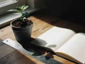 Groen zaailing in donkere aarde op houten bureau, naast metalen liniaal en open notitieboek, warm ochtendlicht.