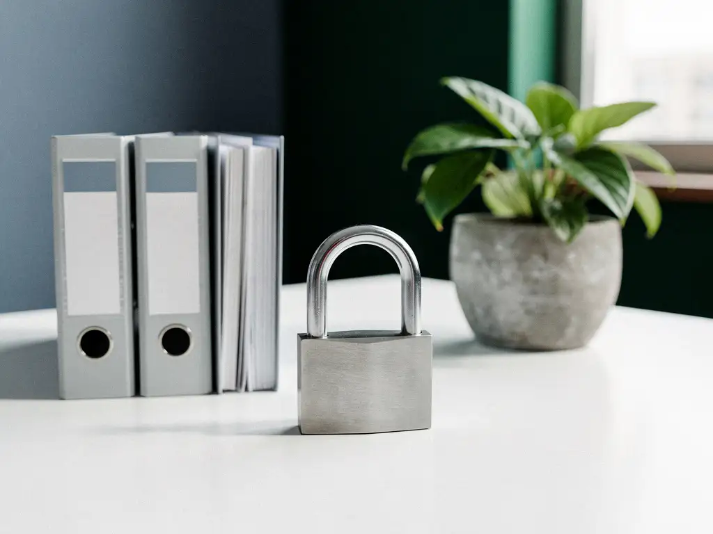 Metalen hangslot naast gelabelde compliance-mappen en groene plant op wit bureau.