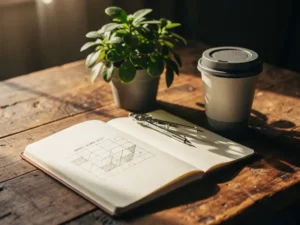 Versleten houten bureau met opengeslagen notitieboek, handgetekende scorecardschets, groen plantje, herbruikbare koffiebeker en kompas in warm ochtendlicht.