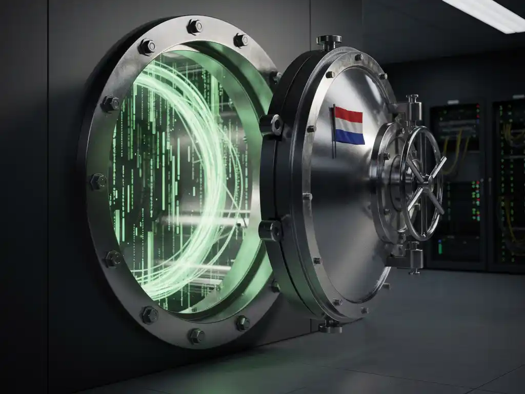 Zware kluisdeur op een kier met gloeiende groene datastromen, Nederlandse vlag gereflecteerd op gepolijst staal in moderne serverruimte.