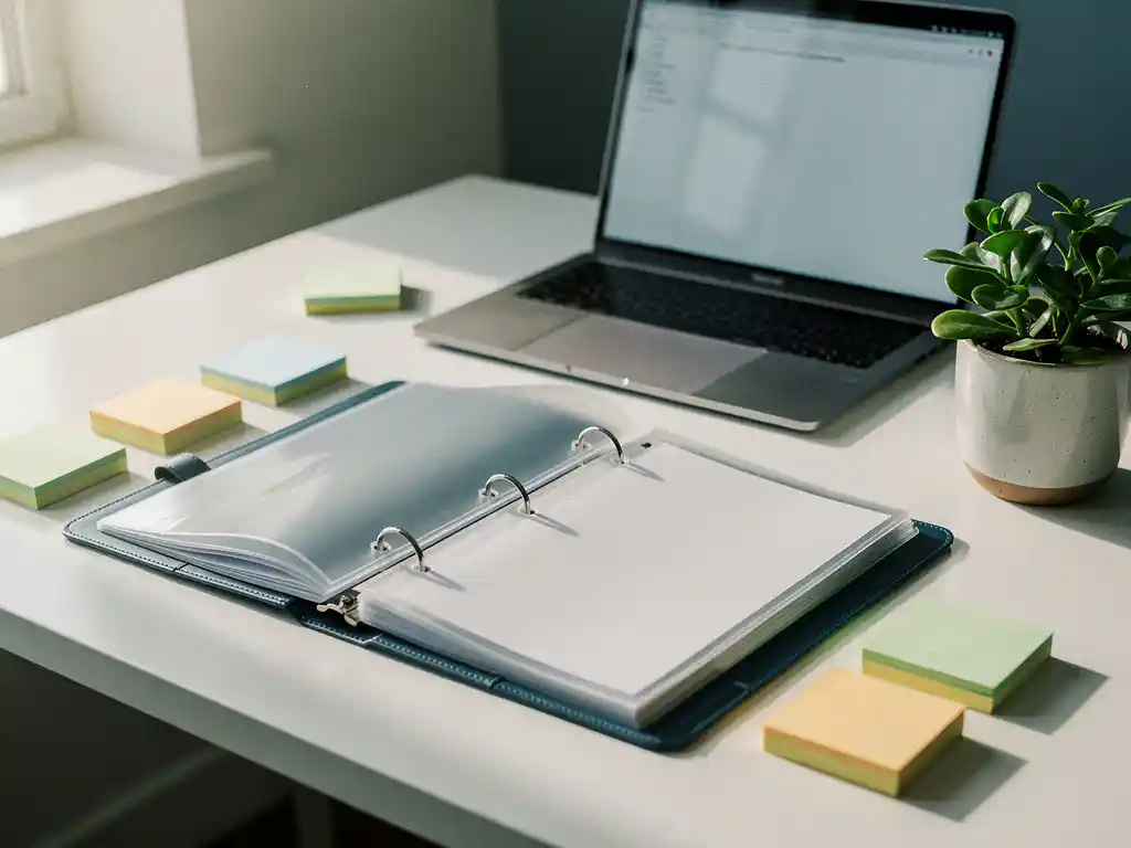 Open noodrespons-ringband op modern bureau met kleurgecodeerde sticky notes, laptop op achtergrond en klein potplantje, natuurlijk zijlicht.