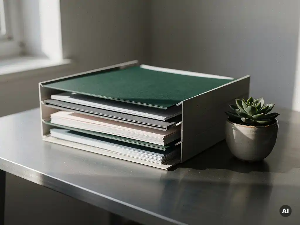 Kleurgecodeerde mappen in groen, grijs en wit in een open archiefsysteem op een modern bureau met een succulent en zacht natuurlijk licht.