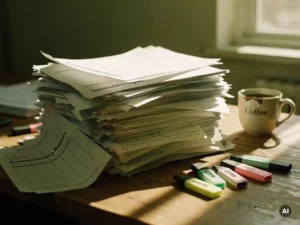 Hoge stapel handgeschreven duurzaamheidsrapporten en spreadsheets op rommelig bureau, met koffiekop en markeerstiften in warm middaglicht.