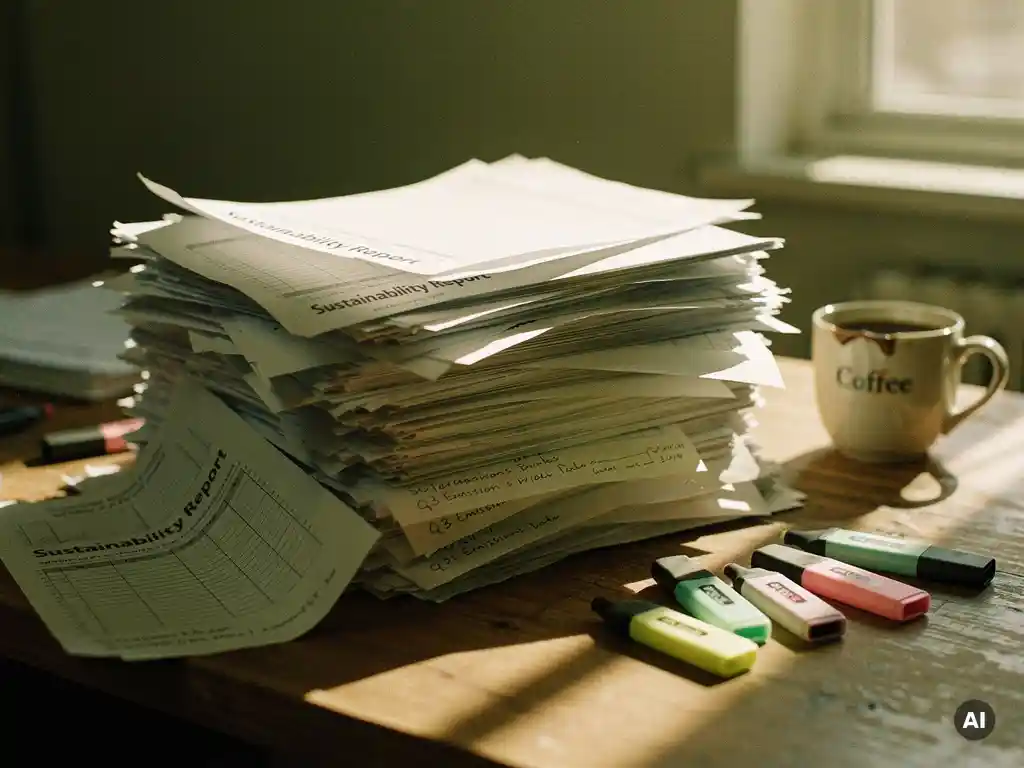 Hoge stapel handgeschreven duurzaamheidsrapporten en spreadsheets op rommelig bureau, met koffiekop en markeerstiften in warm middaglicht.