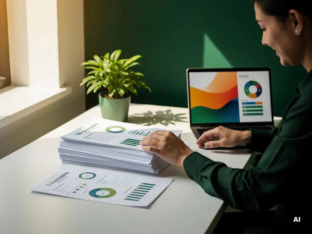 Ondernemer organiseert duurzaamheidsrapporten op modern bureau met laptop met ESG-grafieken en groene plant in warm natuurlijk licht.