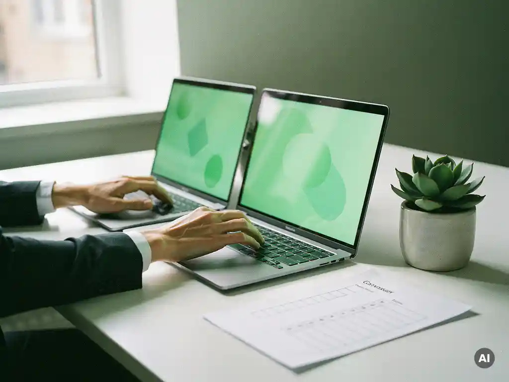 Handen van een professional boven drie open laptops op wit bureau, met zacht groen schermgloed, succulent en checklist ernaast.