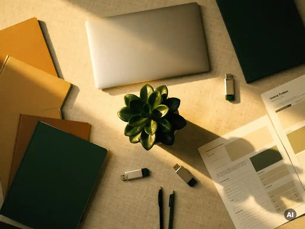 Opgeruimd modern bureau met mappen, USB-sticks, spreadsheets en laptop, met een groen plantenstekje als blikvanger in warm amberkleurig licht.