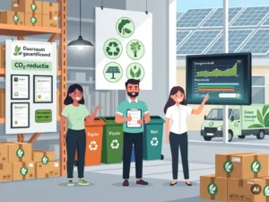 Kleine groothandel die duurzaamheid aantoont met groene verpakkingen en milieuvriendelijke bedrijfsvoering.