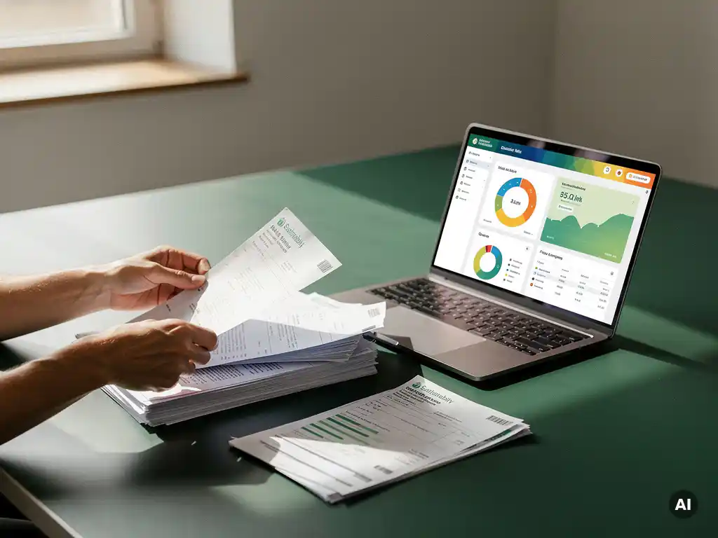 Ondernemer ordent energierekeningen en duurzaamheidsrapporten op bureau met laptop waarop een sustainability dashboard zichtbaar is.