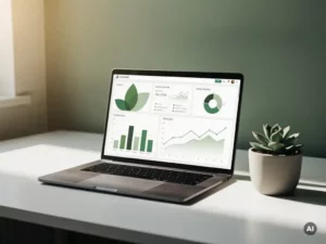 Laptop op minimalistisch bureau met duurzaamheidsdashboard, groene grafieken en bladsymbool op scherm, klein succulent ernaast, warm zijlicht.