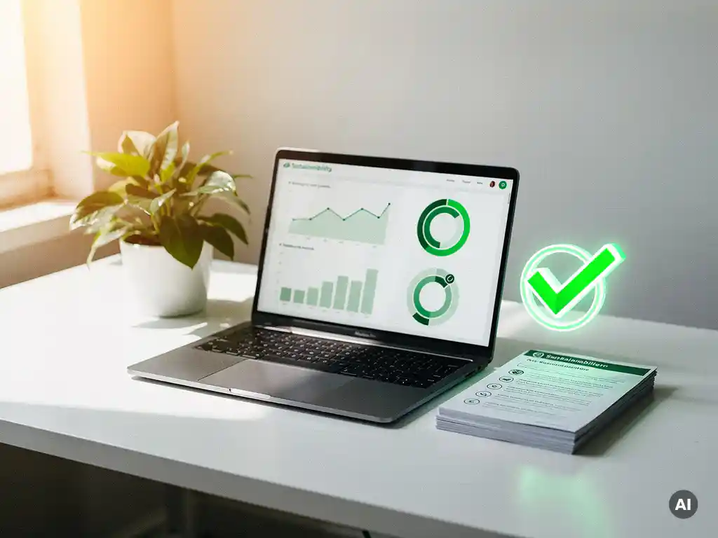 Laptop met duurzaamheidsdashboard op wit bureau, omringd door vragenlijsten en een groen vinkje, met verse plant in natuurlijk licht.