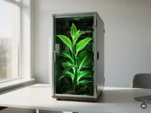 Groene plant die door een serverrack groeit, symbool voor duurzaamheid in een modern Nederlands kantoor met natuurlijk zijlicht.