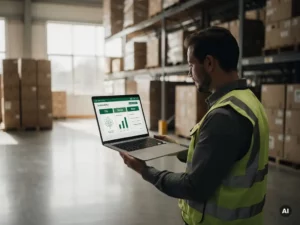 Magazijnmanager bekijkt duurzaamheidsdashboard op laptop tussen kartonnen dozen in modern distributiecentrum.