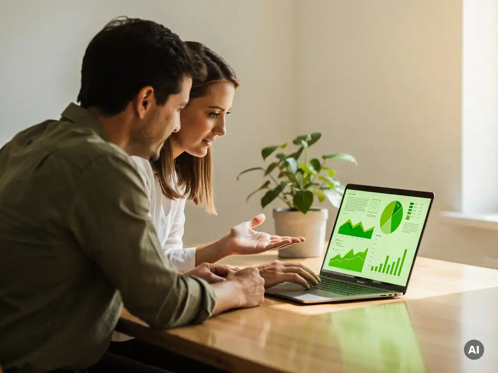Duurzaamheidsadviseur en mkb-ondernemer bekijken groene datacijfers op laptop aan modern bureau met kamerplant.