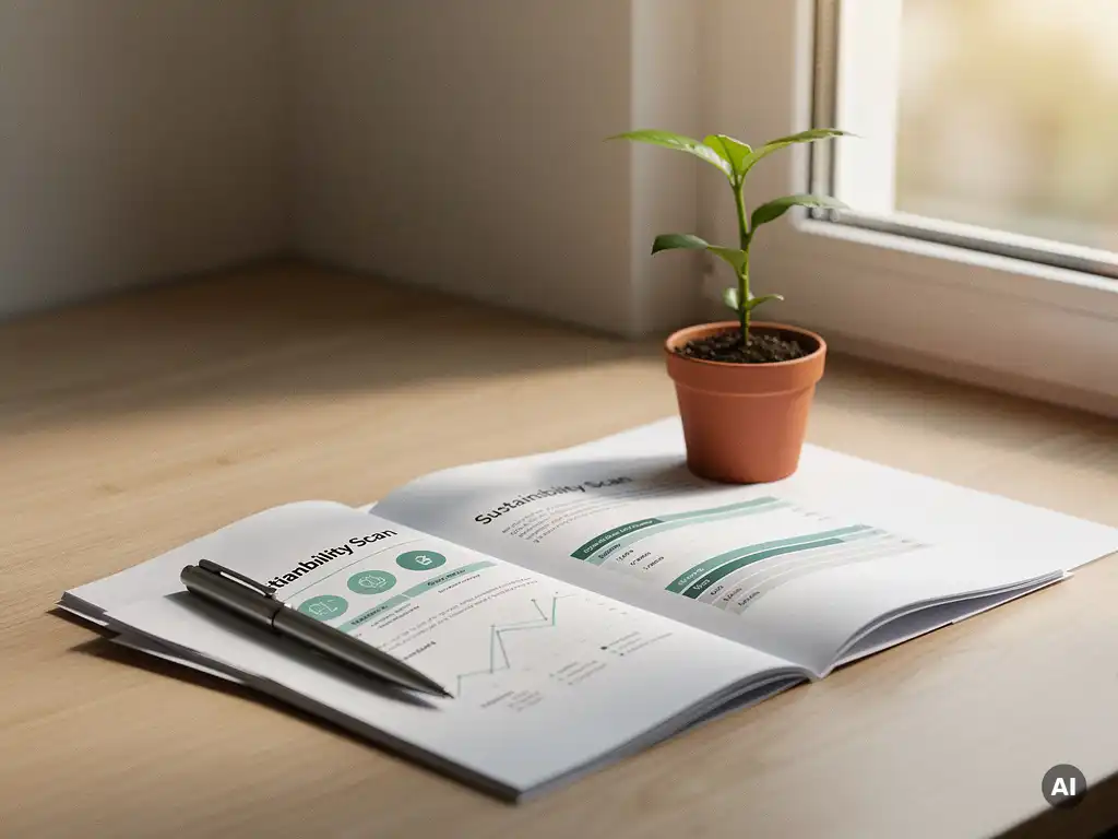 Duurzaamheidsrapport op modern bureau naast groene plant in terracottapot en pen, warm natuurlijk licht.