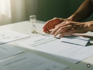Procurement manager vult duurzaamheidsformulier in naast ESG-documenten, offerteenvelop en zandloper op bureau.