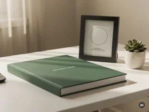 Dik duurzaamheidsrapport in bosgroen naast een ingelijst certificeringslogo op wit bureau, met succulent en natuurlijk daglicht.