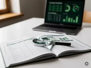 Opengeslagen duurzaamheidsrapport met datagrafieken op wit bureau, vergrootglas op printdata, laptop met groene statistieken op achtergrond.