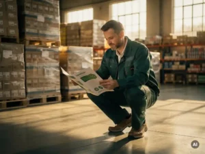 Magazijnbeheerder hurkt bij gestapelde pallets en bestudeert een duurzaamheidsrapport met handgeschreven notities in warm middaglicht.
