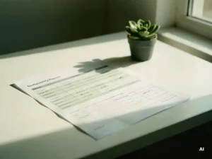 Gedeeltelijk ingevuld duurzaamheidsrapport op wit bureau, groene inkt in sommige velden, kleine vetplant ernaast, zacht natuurlijk licht.