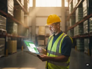 Magazijnmanager met helm bekijkt duurzaamheidsrapport op klembord tussen palletrekken in distributiecentrum.