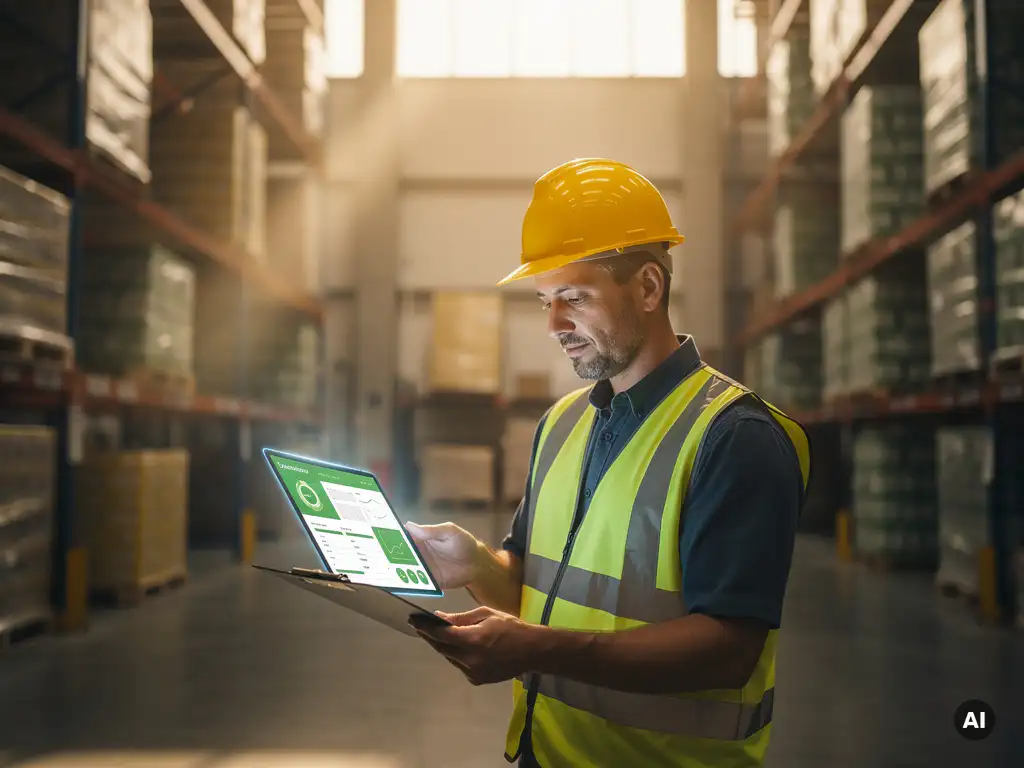 Magazijnmanager met helm bekijkt duurzaamheidsrapport op klembord tussen palletrekken in distributiecentrum.