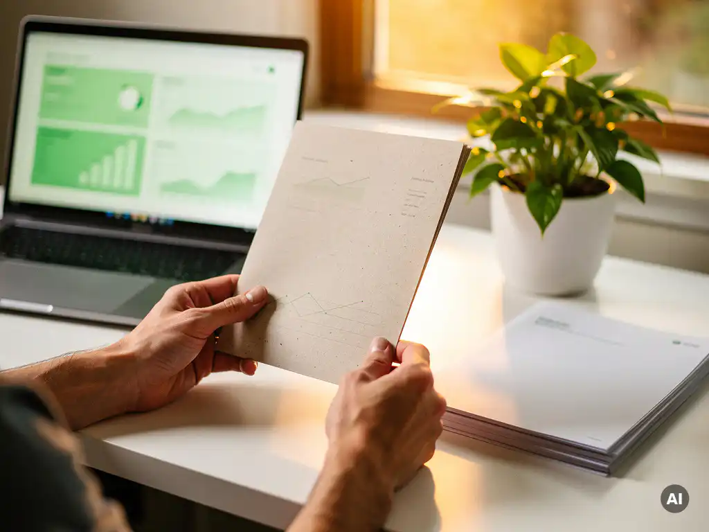 Ondernemer houdt duurzaamheidsrapport vast naast laptop met groene datadashboards op wit bureau met plant en factuurmap.