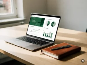 Laptop met ESG-dashboard naast een leren notitieboek op een licht eikenhouten bureau in een modern kantoor.