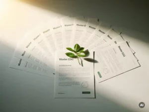 ESG-rapport dat uitwaaiert in meerdere identieke exemplaren op wit bureau, met groen takje in het midden.