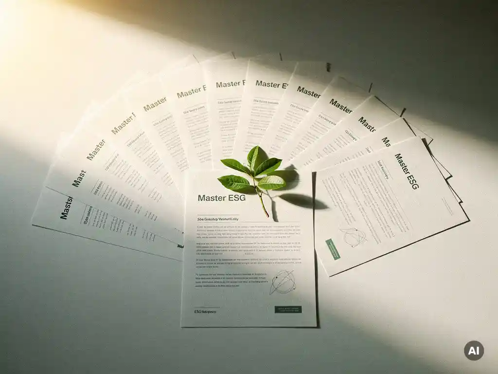 ESG-rapport dat uitwaaiert in meerdere identieke exemplaren op wit bureau, met groen takje in het midden.