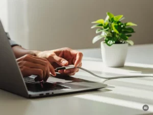 Handen die een kabel aansluiten op een moderne laptop op een wit bureau, met een kleine groene plant en zacht natuurlijk daglicht.