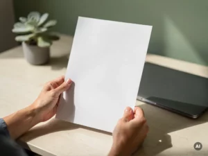 Inkoopmanager houdt leeg leveranciersformulier vast aan modern bureau met laptop en kamerplant, zacht natuurlijk licht.