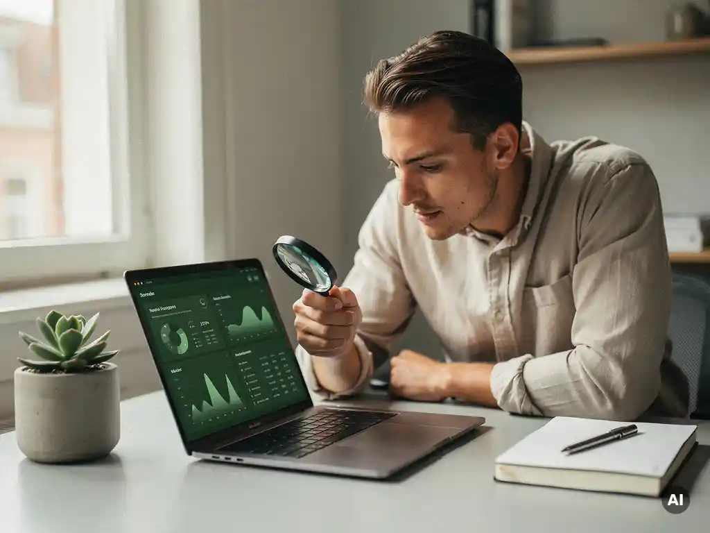 Ondernemer met vergrootglas analyseert groene dashboardgrafieken op laptop in minimalistisch Nederlands kantoor met natuurlijk daglicht.